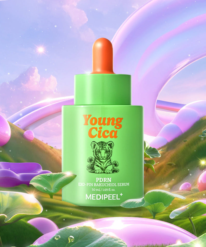 Sérum MEDIPEEL Young Cica PDRN Exo-Pin Bakuchiol 50ml, soin de la peau avec bakuchiol, emballage vert vif, arrière-plan fantastique.