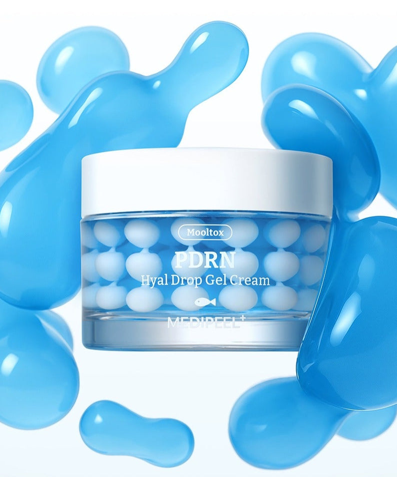 Crème MEDIPEEL Water Tox PDRN Hyal Drop Gel 50g avec texture gel bleu et sphères hydratantes visibles.
