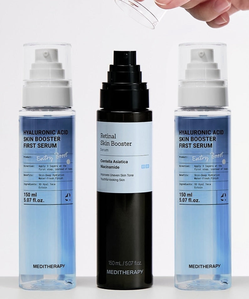MEDITHERAPY Hyaluronic Acid Skin Booster First Serum 150ml, flacons côte à côte sur fond blanc, contexte beauté.