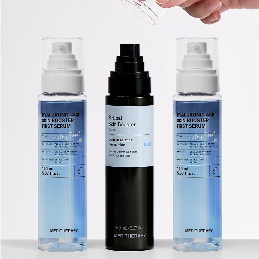 MEDITHERAPY Hyaluronic Acid Skin Booster First Serum 150ml, flacons côte à côte sur fond blanc, contexte beauté.