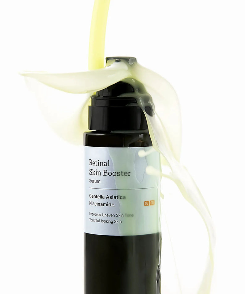 MEDITHERAPY Retinal Skin Booster Serum 150ml, flacon sur fond clair avec fluide jaune en contexte visuel beauté