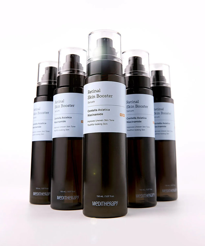 MEDITHERAPY Retinal Skin Booster Serum 150ml, flacons noirs sur fond blanc, vue produit en contexte cosmétique