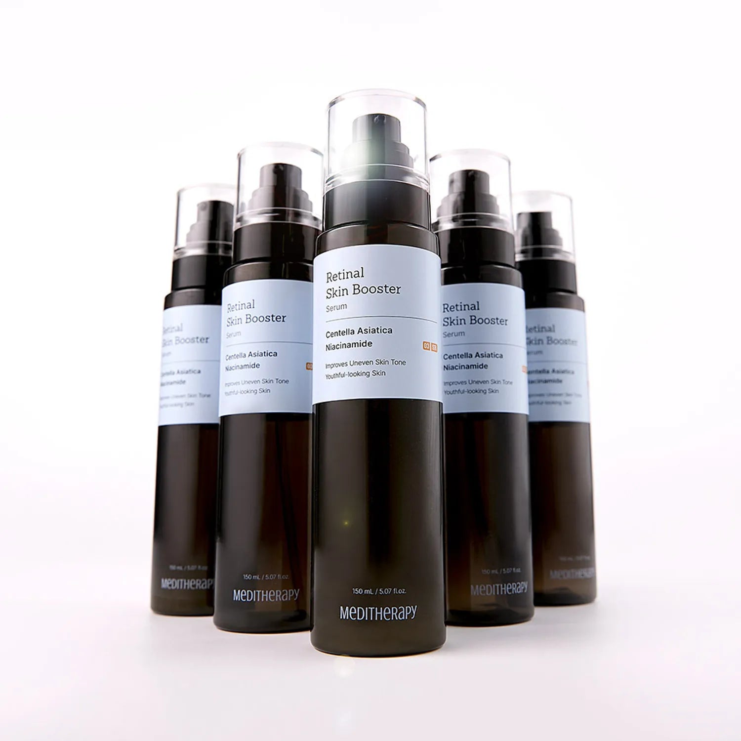 MEDITHERAPY Retinal Skin Booster Serum 150ml, flacons noirs sur fond blanc, vue produit en contexte cosmétique