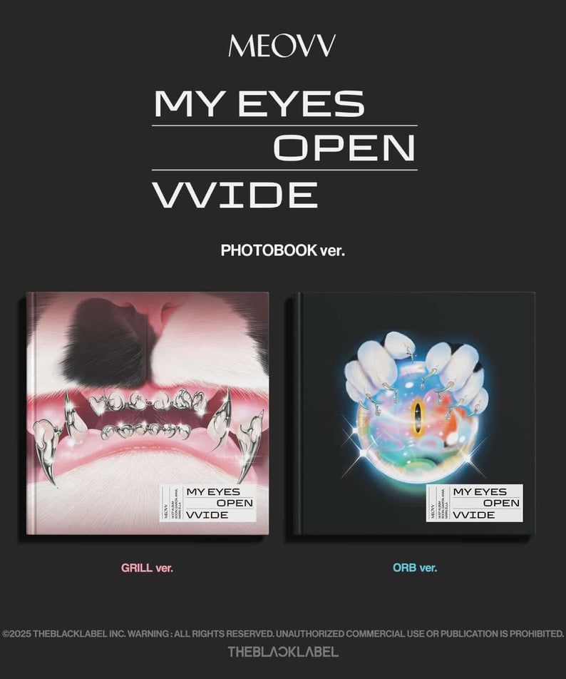 MEOVV - 1st EP ALBUM [MY EYES OPEN VVIDE] (PHOTOBOOK ver.) (Set of 2) - Album Kpop, photo-covers sur fond noir
