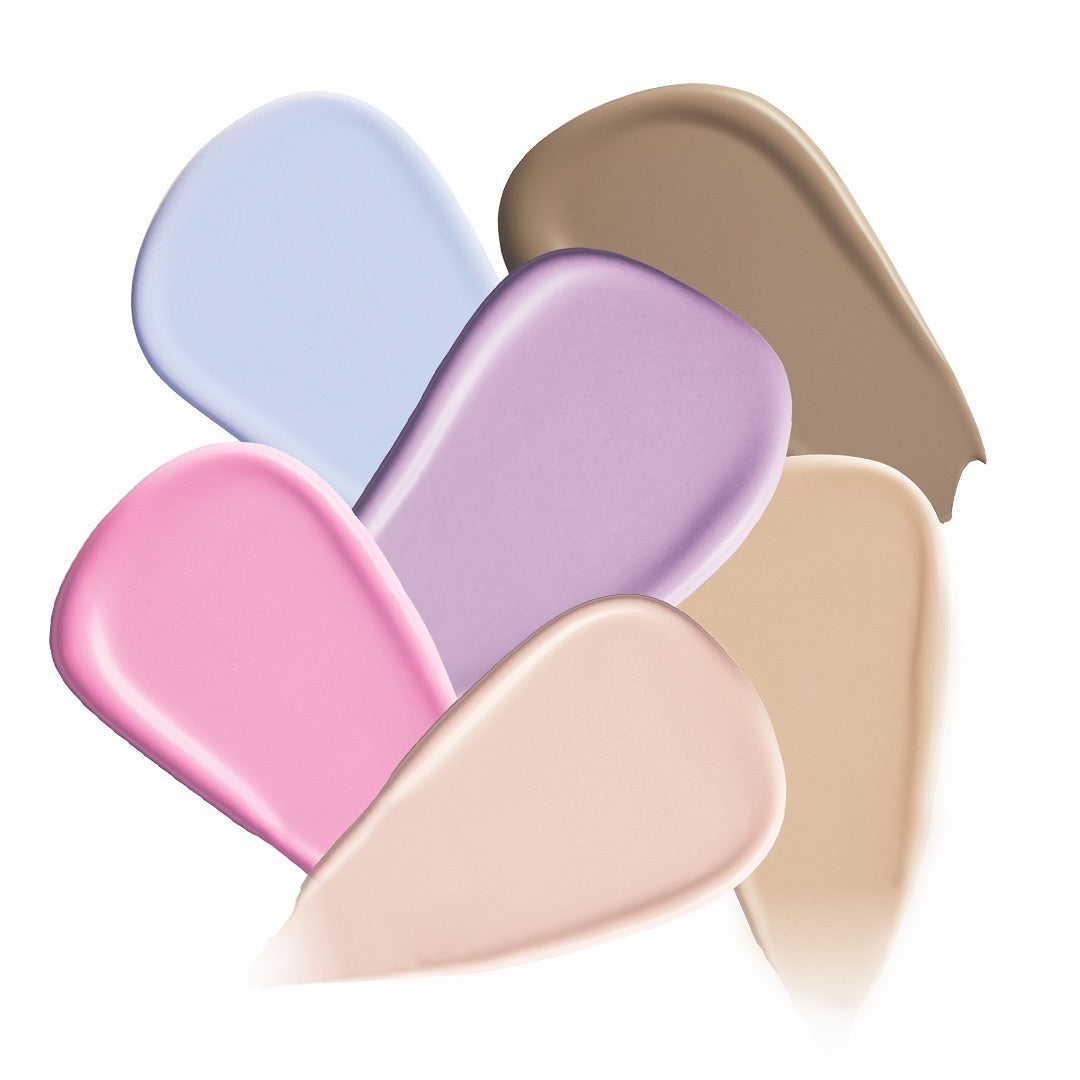 MERRY MONDE Merry Everyday Color Correcting Concealer, en stick correcteur, visuel avec coques dégradées de couleurs sur fond blanc.