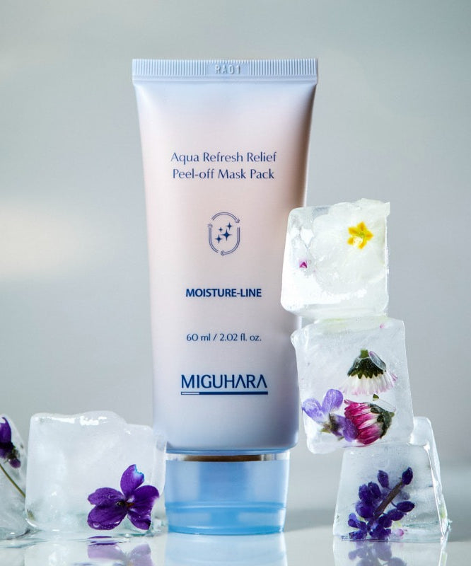 MIGUHARA Aqua Refresh Relief Peel Off Mask Pack 60ml de la marque MIGUHARA, gel au masque, avec fleurs violettes sur fond bleu clair.