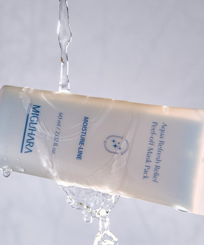 MIGUHARA Aqua Refresh Relief Peel Off Mask Pack 60ml de la marque, masque peel-off en tube, gel sur fond clair.
