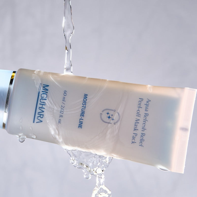 MIGUHARA Aqua Refresh Relief Peel Off Mask Pack 60ml de la marque, masque peel-off en tube, gel sur fond clair.