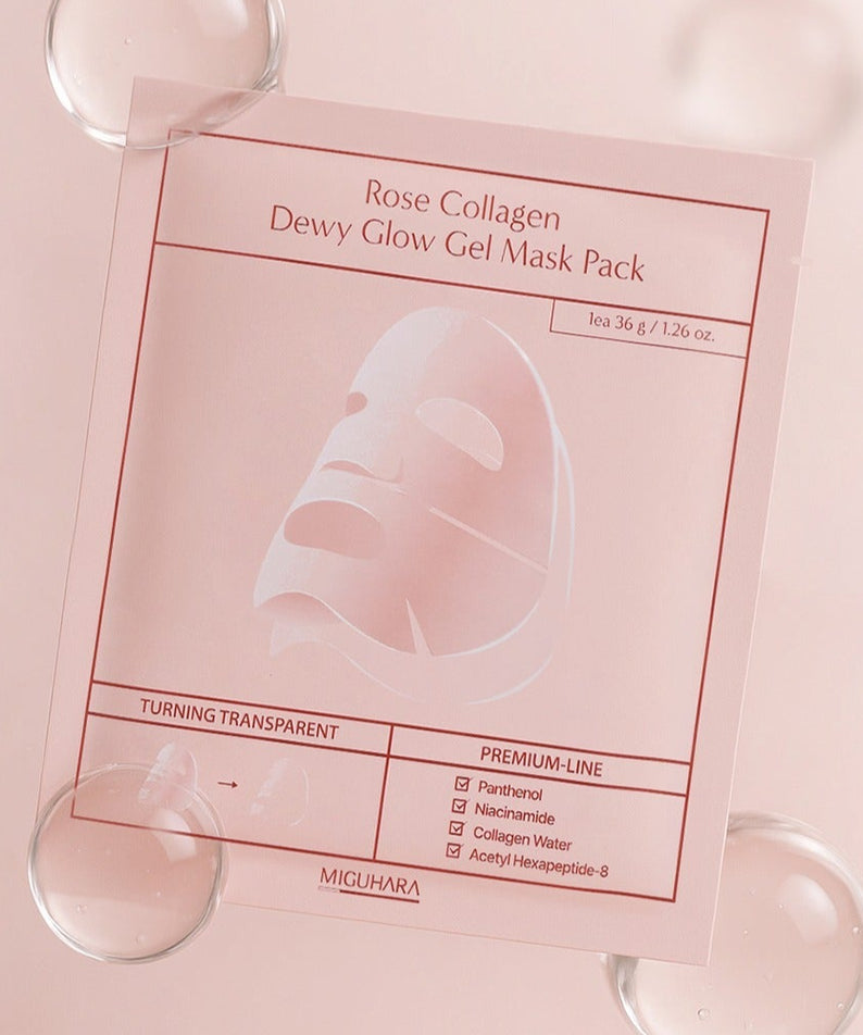 MIGUHARA Rose Collagen Dewy Glow Gel Mask Pack 5 sheets, pack rose sur fond clair, gel crème et flacons décoratifs.