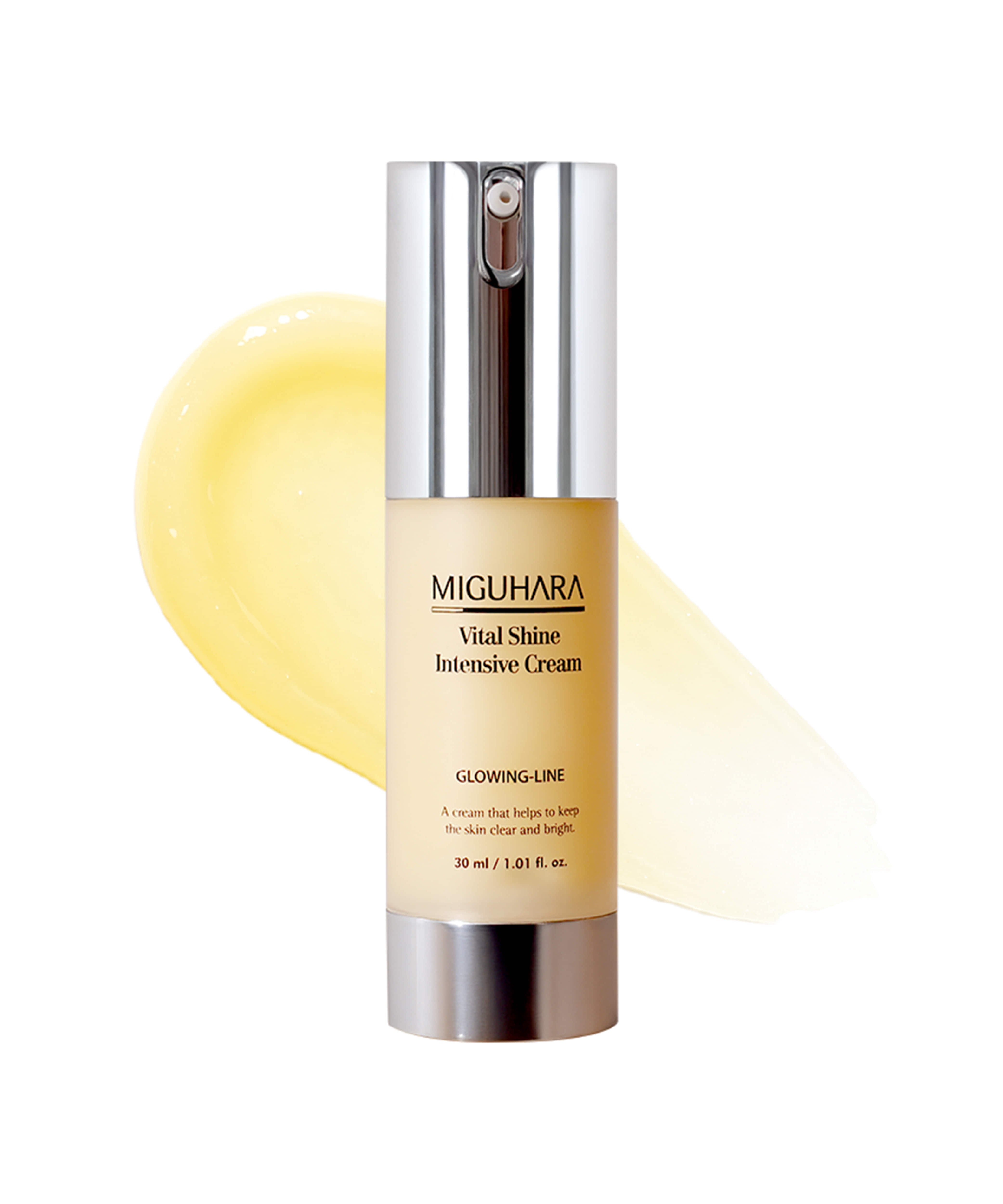 MIGUHARA  Vital Shine Intensive Cream 30ml : crème visage en flacon argent, marque sur fond clair avec texture jaune.