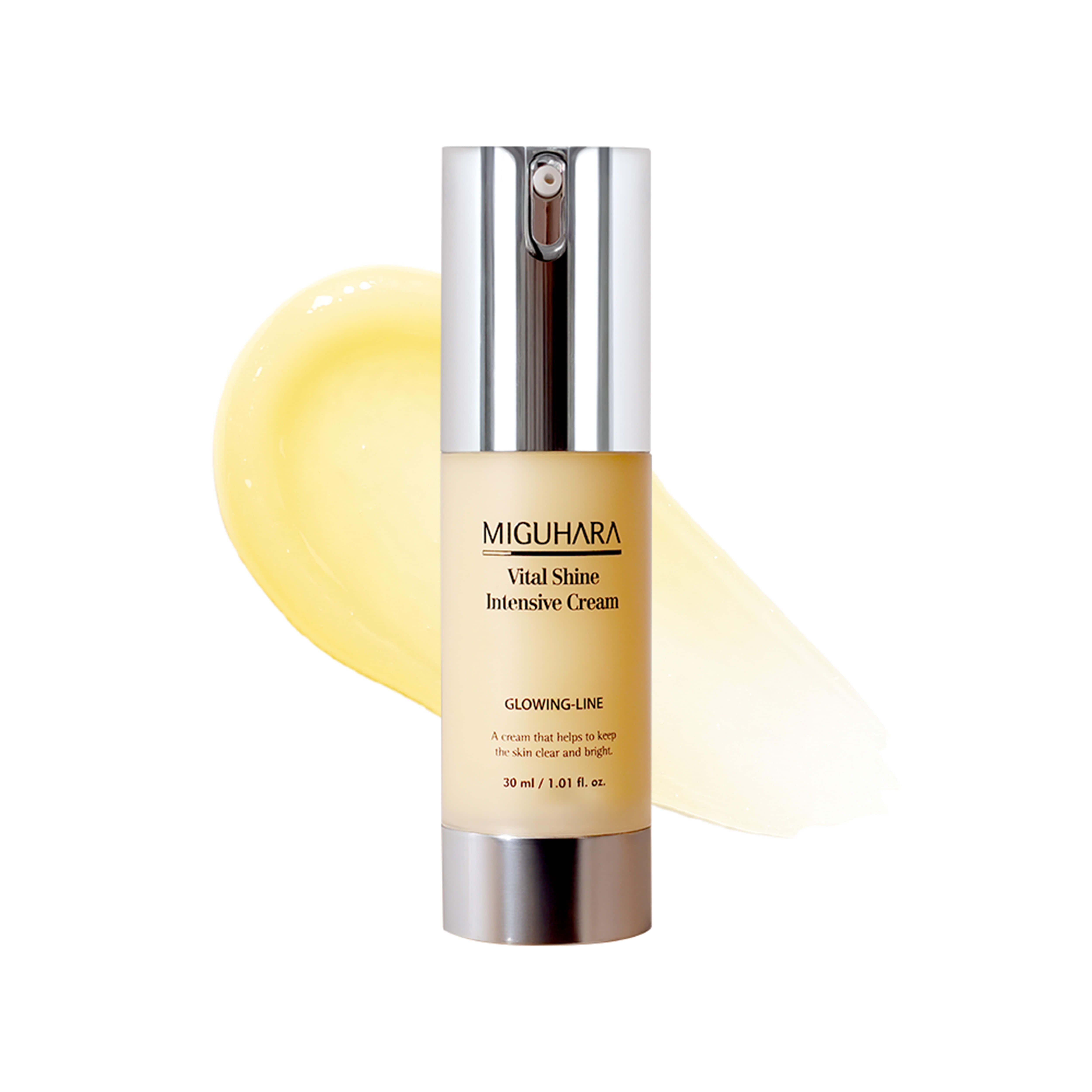 MIGUHARA  Vital Shine Intensive Cream 30ml : crème visage en flacon argent, marque sur fond clair avec texture jaune.