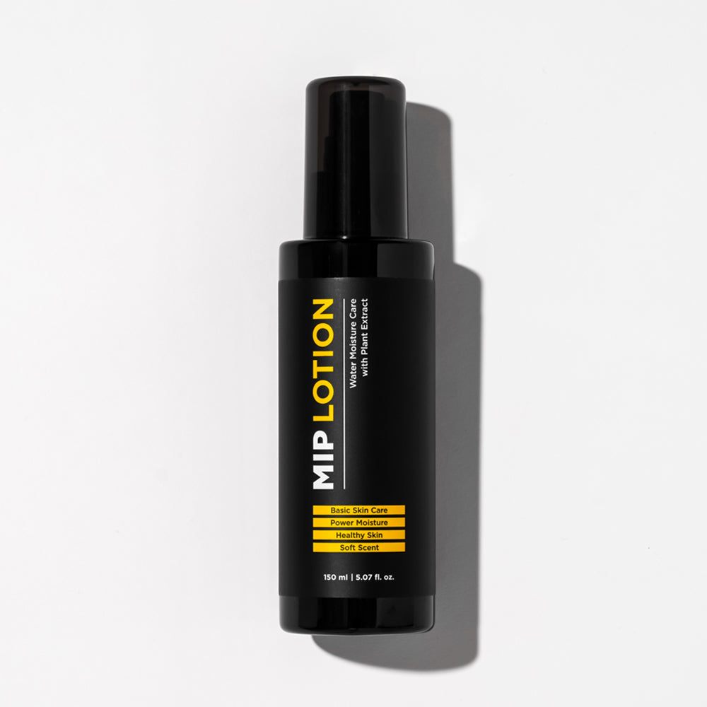 MIP Basic Lotion 150ml, flacon noir sur fond blanc, marque MIP, contexte studio produit.