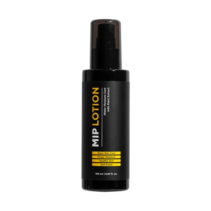 MIP Basic Lotion 150ml, flacon noir vaporisateur en studio fond blanc, marque MIP, contexte beauté soin du corps.
