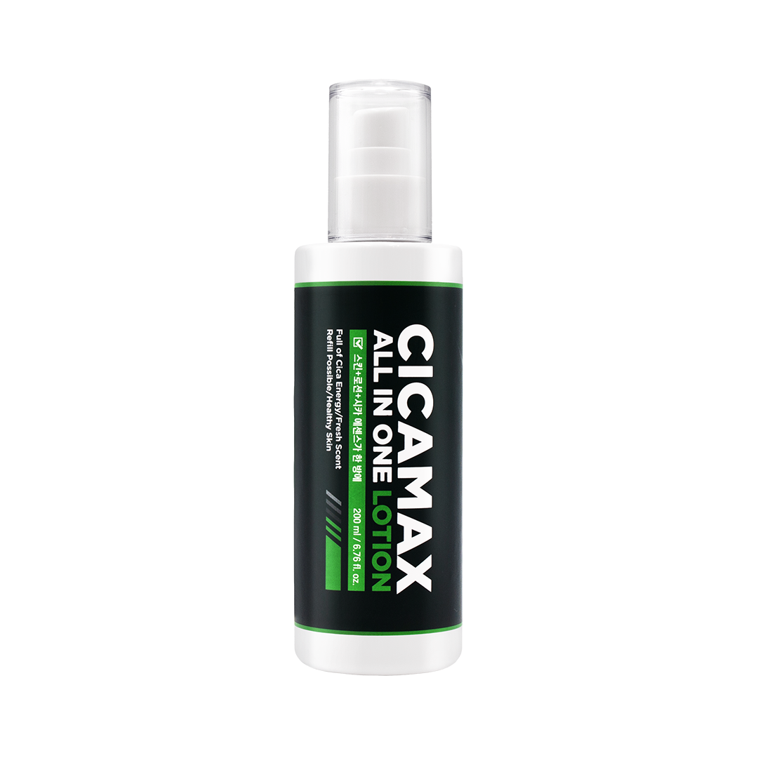 Photo du produit MIP Cicamax Sensitive All-in-One Lotion Set + Refill : flacon blanc et vert sur fond clair, marque MIP