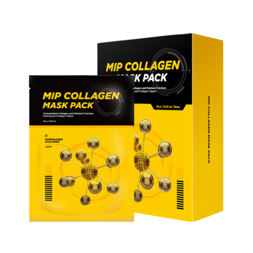 MIP Collagen Mask Pack 20 Sheets de la marque MIP : pack de masques au collagène, emballage jaune et noir.