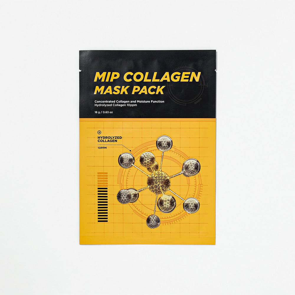 MIP Collagen Mask Pack 20 Sheets de MIP, masque visage au collagène sur emballage noir et jaune, photo produit