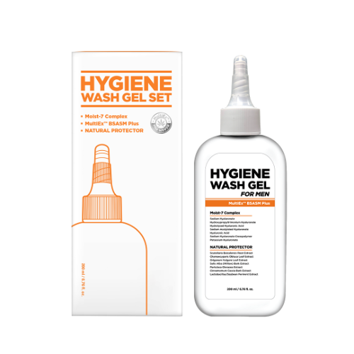 MIP Hygiene Wash Gel Men's Cleanser Set 2 Pieces de la marque HYGIENE, flacon et boîte sur fond blanc.