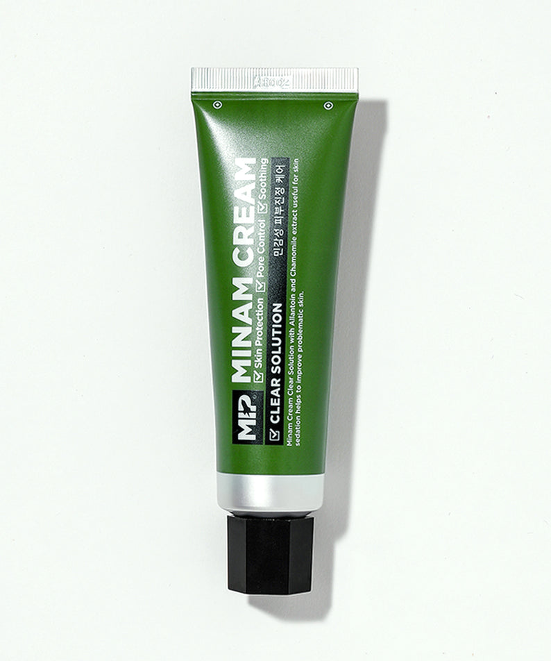 MIP Minam Cream Clear Solution Cica Cream For Sensitive Skin 50ml, tube vert sur fond clair, crème apaisante cica.