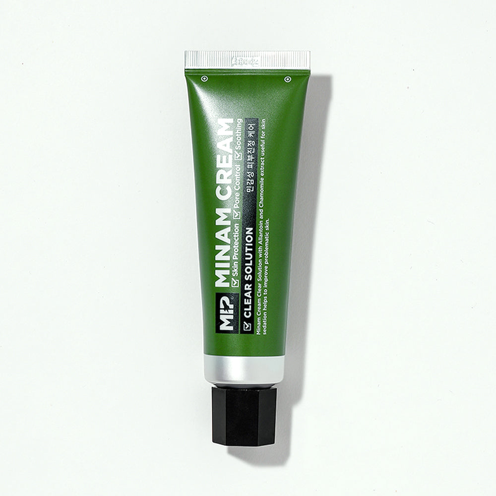 MIP Minam Cream Clear Solution Cica Cream For Sensitive Skin 50ml, tube vert sur fond clair, crème apaisante cica.