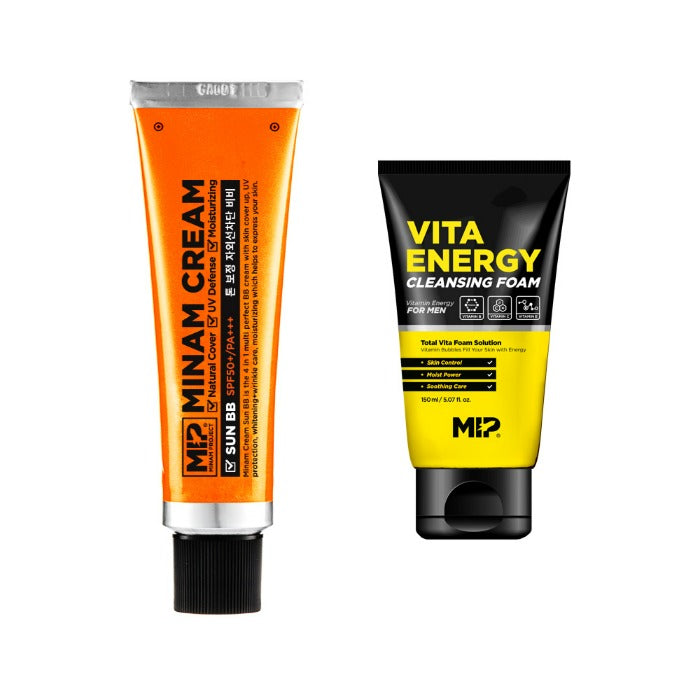 MIP Minam Cream Sun BB + Vita Energy Cleansing Foam Set, visuels des tubes MIP sur fond blanc, marque MIP