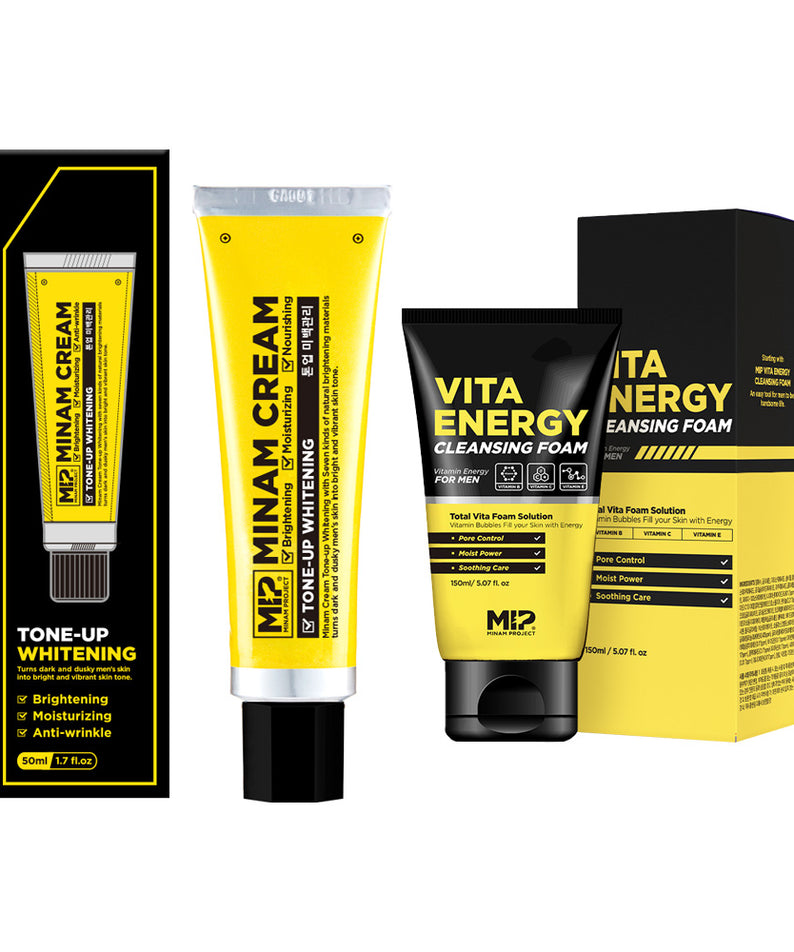 Décris l'image en français en mentionnant le produit, la marque et le contexte visuel. MIP Minam Cream Tone-up Whitening + Vita Energy Foam Cleansing
