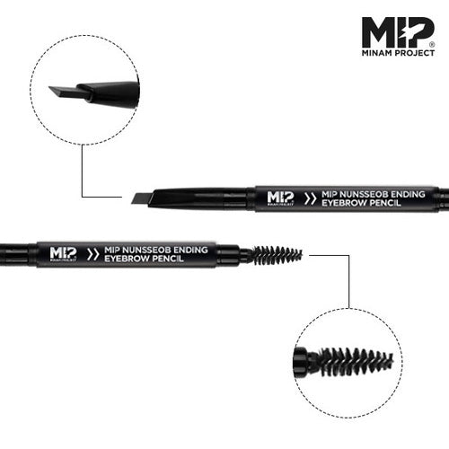 Décris l'image en français : MIP Nunsseob Ending Eyebrow Pencil MIP, crayon sourcils noir avec brosse, sur fond clair.