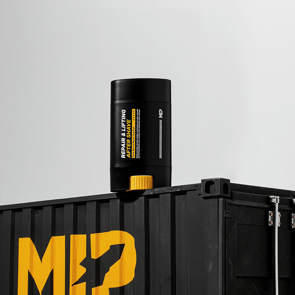 MIP Repair & Lifting Trouble Soothing Aftershave 65g : flacon noir sur packaging jaune, fond blanc, vue produit