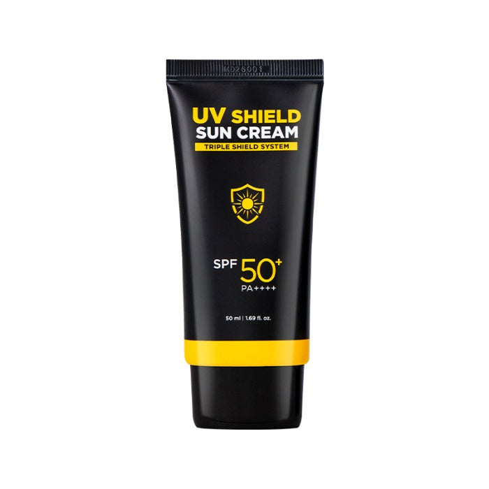 MIP UV Sheild Sunscreen 50ml, tube SPF50+ noir et jaune sur fond blanc (marque UV SHIELD).