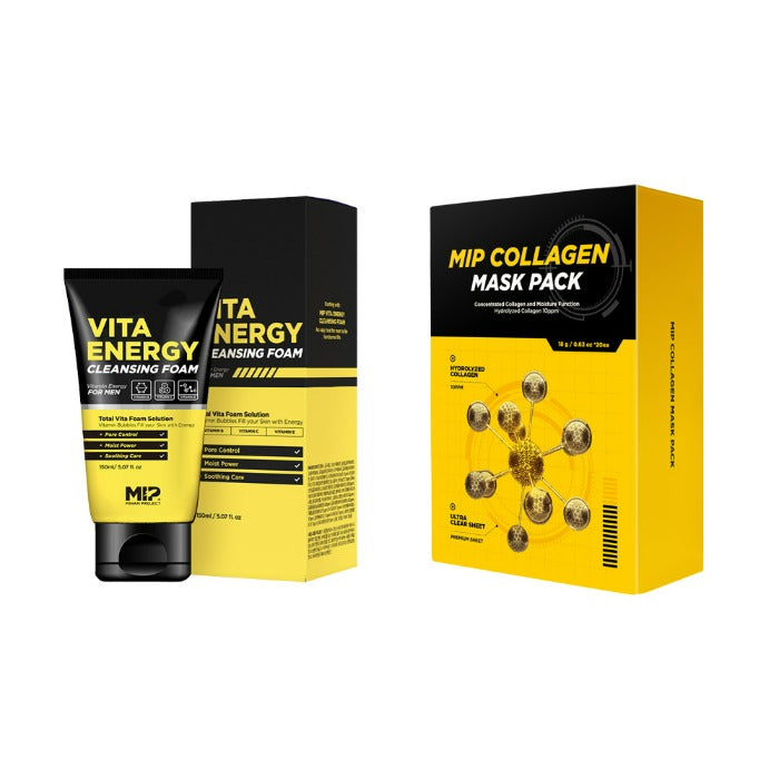 Décris l'image en français : MIP Viat Energy Cleansing Foam + Collagen Mask Pack Set de la marque MIP, produits sur fond blanc.