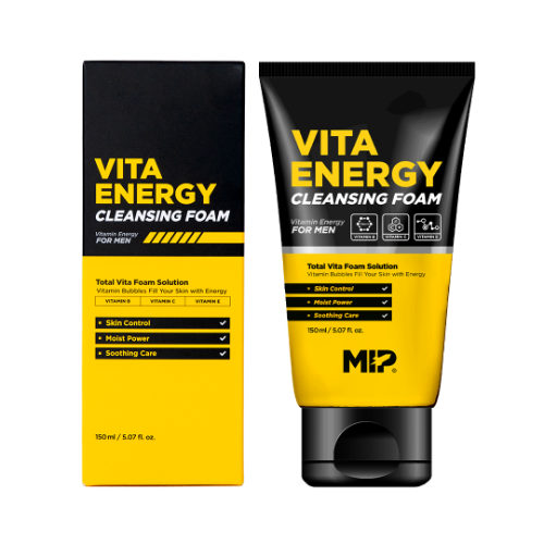 MIP Vita Energy Cleansing Foam 150ml, mousse nettoyante MIP en tube et boîte, fond blanc, look produit jaune