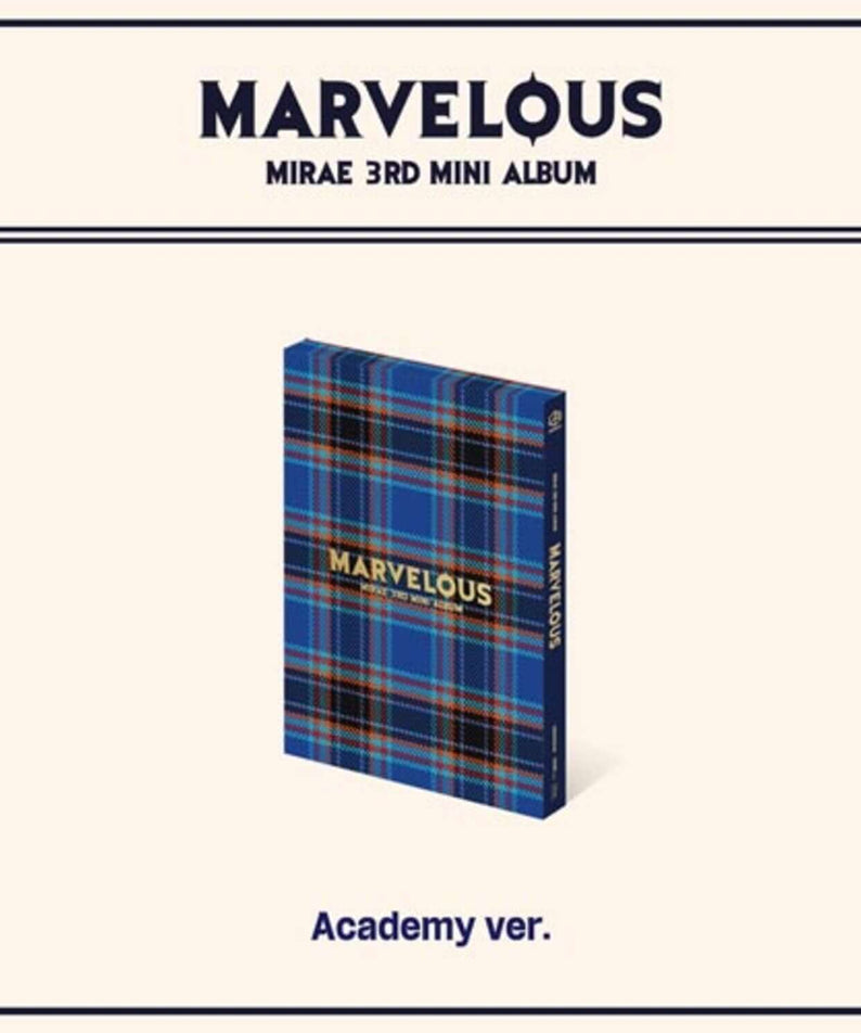MIRAE - 3rd Mini Album [Marvelous] (Academy ver.) - Album Kpop : pochette bleue à carreaux sur fond clair.
