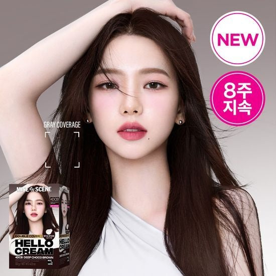 MISE EN SCENE New Hello Cream Dye, crème colorante mise en scène sur femme, style maquillage, étiquette NEW et 8 couleurs