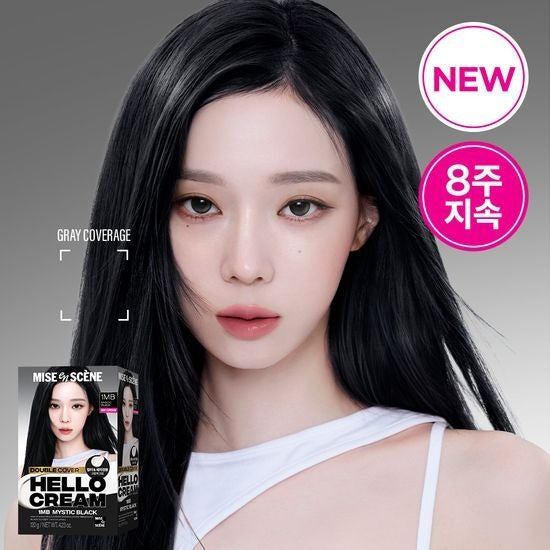 MISE EN SCENE New Hello Cream Dye, crème colorante, marque sur visuel beauté avec modèle cheveux noirs, promo NEW 8