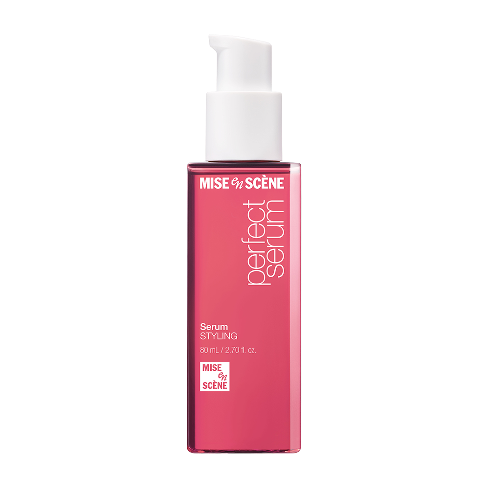 MISE EN SCENE Perfect Serum 80ML de la marque MISE EN SCENE, flacon rose pompe sur fond blanc.