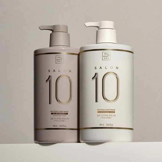 MISE EN SCENE Salon 10 Protein Treatment Essence Pack 990ML, flacons de la marque sur fond clair, contexte salon beauté.