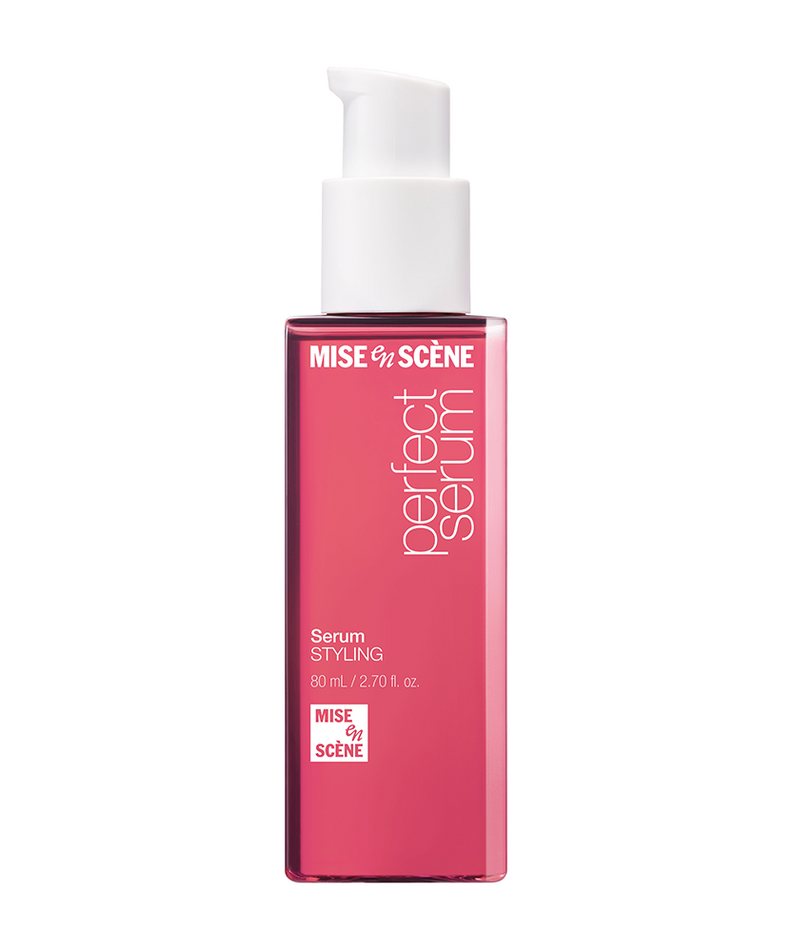 Flacon de MISE EN SCENE Perfect Serum 80ML sur fond blanc. Idéal pour nourrir et coiffer les cheveux.