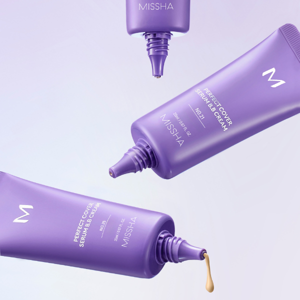MISSHA  M Perfect Cover Serum BB Cream 20ml/50ml, tubes violets sur fond clair, contexte beauté maquillage