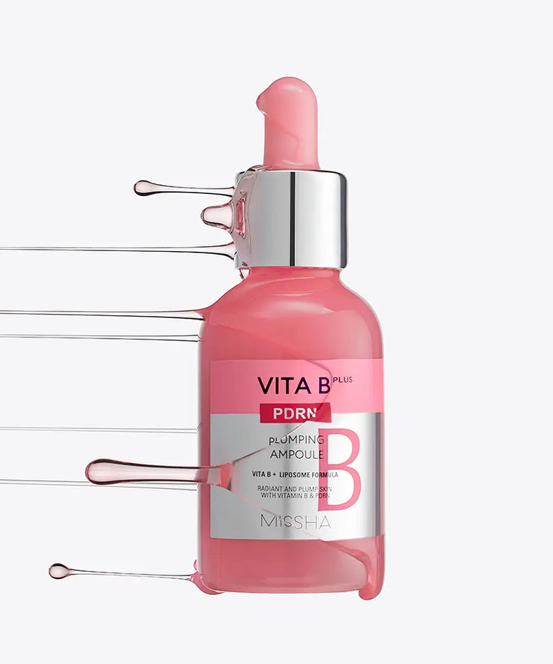 MISSHA  Vitabee Plus PDRN Plumping Ampoule 30ml, flacon rose sur fond blanc, formulation plumping PDRN