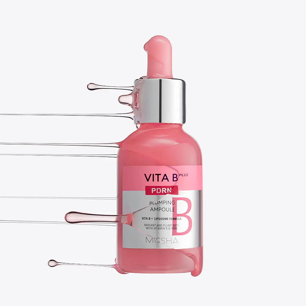 MISSHA  Vitabee Plus PDRN Plumping Ampoule 30ml, flacon rose sur fond blanc, formulation plumping PDRN