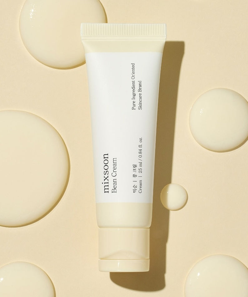 MIXSOON Bean Cream 25ml : tube crème sur fond beige avec bulles crème, visuel produit en lumière douce.