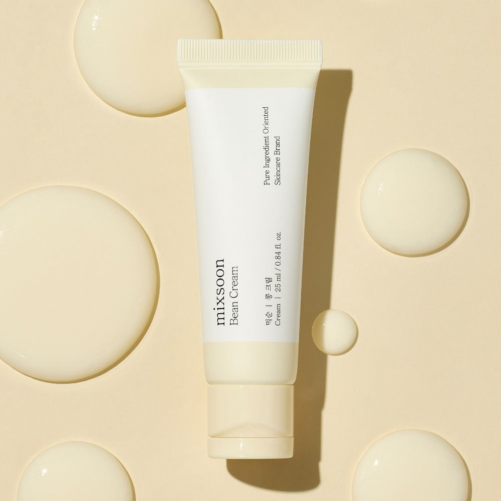 MIXSOON Bean Cream 25ml : tube crème sur fond beige avec bulles crème, visuel produit en lumière douce.