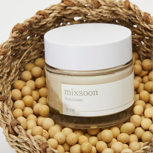 MIXSOON Bean Cream 50ml, crème dans un panier en jute avec billes de soja, fond clair, marque Mixsoon