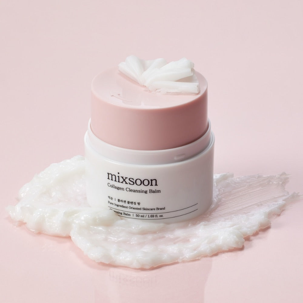MIXSOON Collagen Cleansing Balm 50ml, baume nettoyant de marque MIXSOON sur fond rose, texture crème.