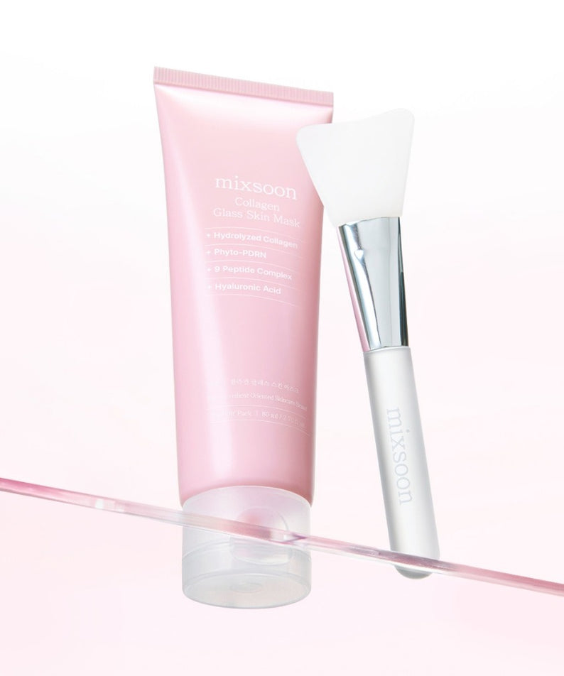 MIXSOON Collagen Glass Skin Mask 80ml, tube rose et flacon sur fond blanc, marque MIXSOON, soin visage