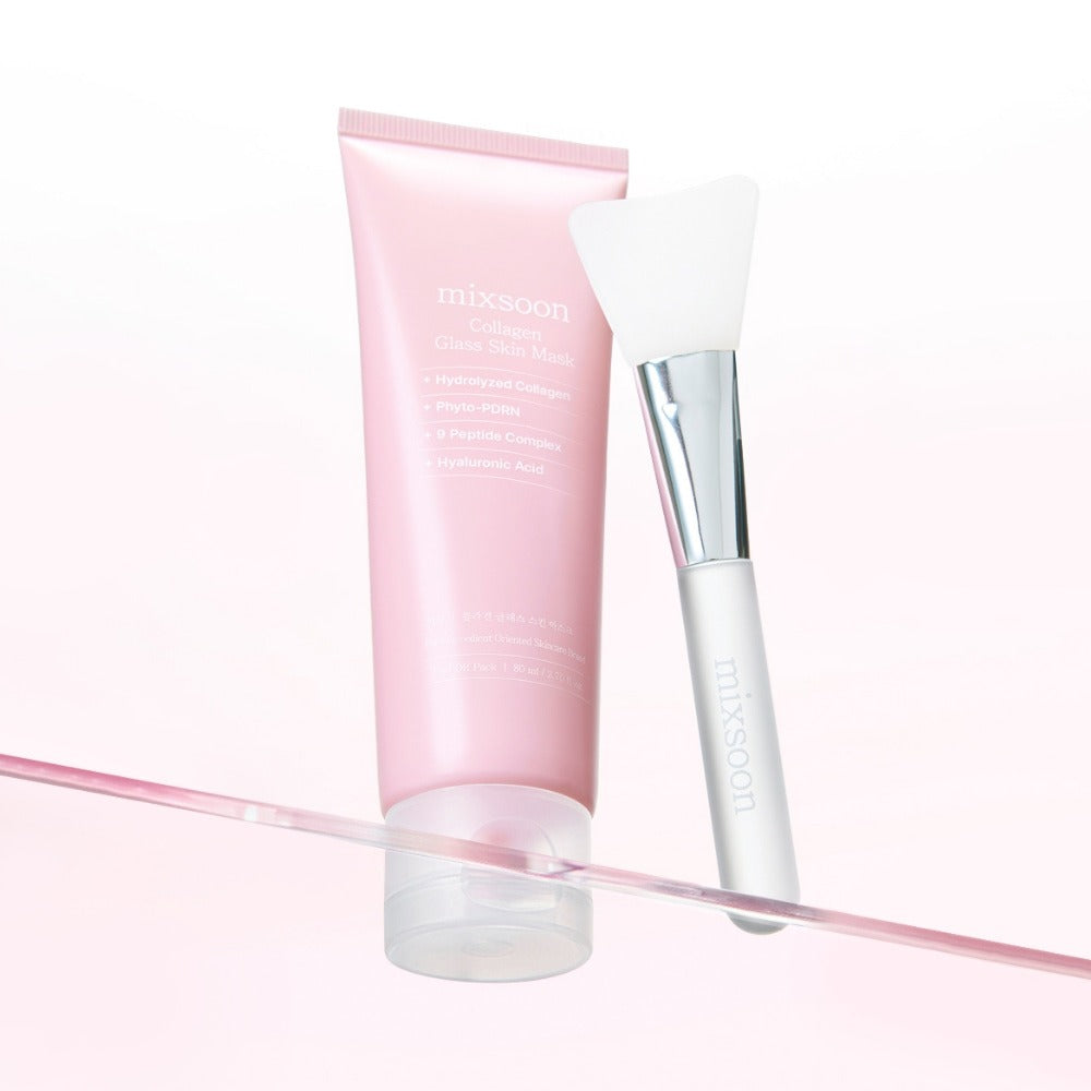 MIXSOON Collagen Glass Skin Mask 80ml, tube rose et flacon sur fond blanc, marque MIXSOON, soin visage