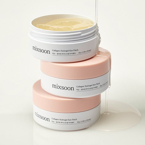 MIXSOON Collagen Hydrogel Eye Patch 60 sheets, pots empilés sur fond clair, hydrogel sous yeux, marque MIXSOON.