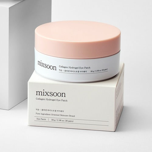 MIXSOON Collagen Hydrogel Eye Patch 60 sheets, bocal rose et boîte blanche sur fond clair, produit beauté en gros plan