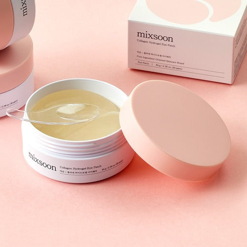 MIXSOON Collagen Hydrogel Eye Patch 60 sheets : patchs au gel sous étui et pot, sur fond rose pastel.