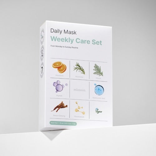 MIXSOON Daily Mask Weekly Care Set 7 sheets, coffret de masques sur fond clair, visuel produit de la marque MIXSOON.