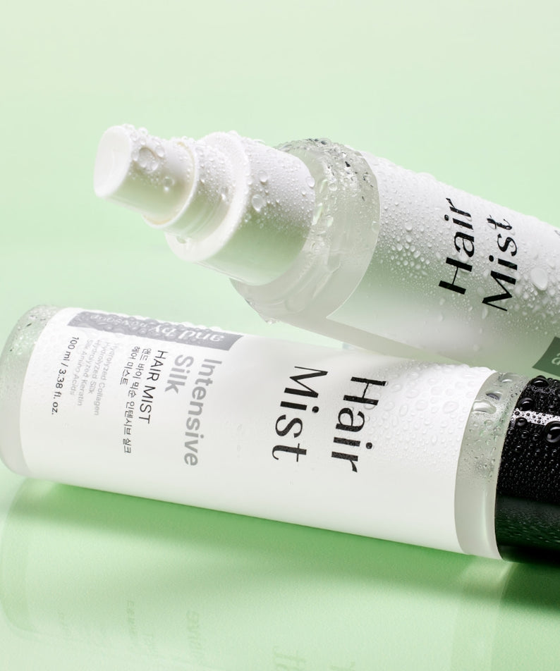 MIXSOON Intensive Silk Hair Mist 100ml de la marque MIXSOON, flacons sur fond vert, gouttes et spray visible.
